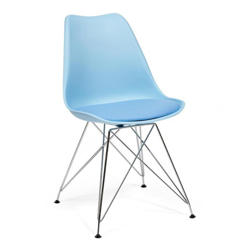 Light blue plastic chair with leather cushion