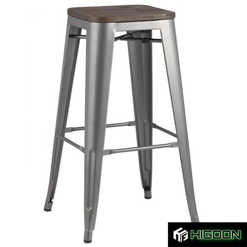 Backless Silver Metal Bar Stool With Wood Board