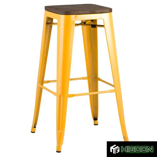 Backless Yellow Metal Bar Stool With Wood Board