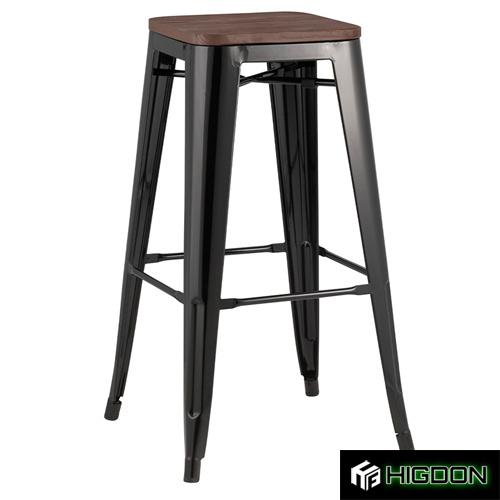 Backless Black Metal Bar Stool With Wood Board