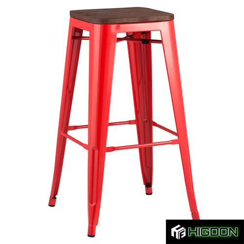 Backless Red Metal Bar Stool With Wood Board