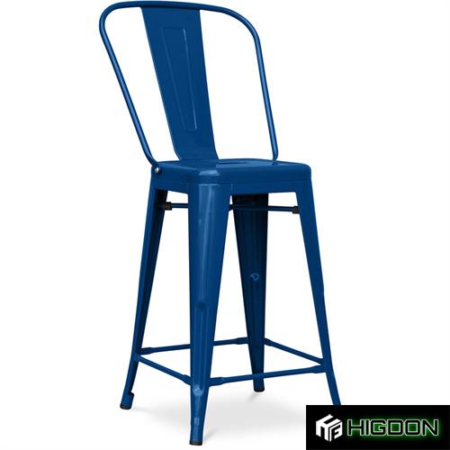 High back dark blue metal bar stool