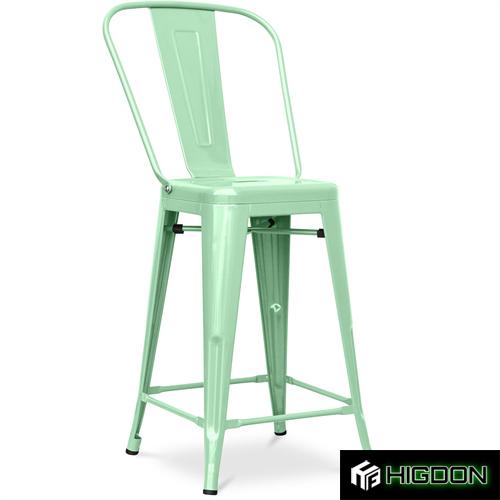 High back light green metal bar stool