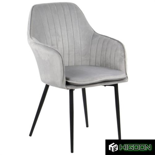 Light Grey Velvet Dining Armchair with Black Metal Legs