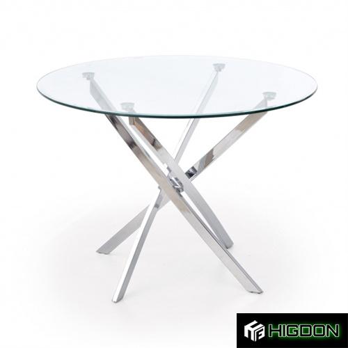Round clear tempered glass dining table with chromed metal base