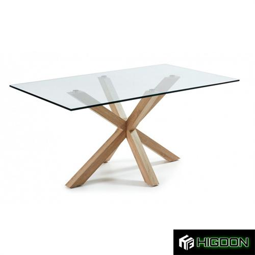 Rectangle clear tempered glass dining table with metal stand